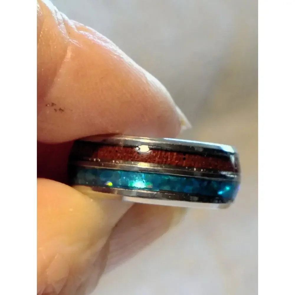 Blue Opal Koa Wood Inlay Comfort Band Ring Size 7